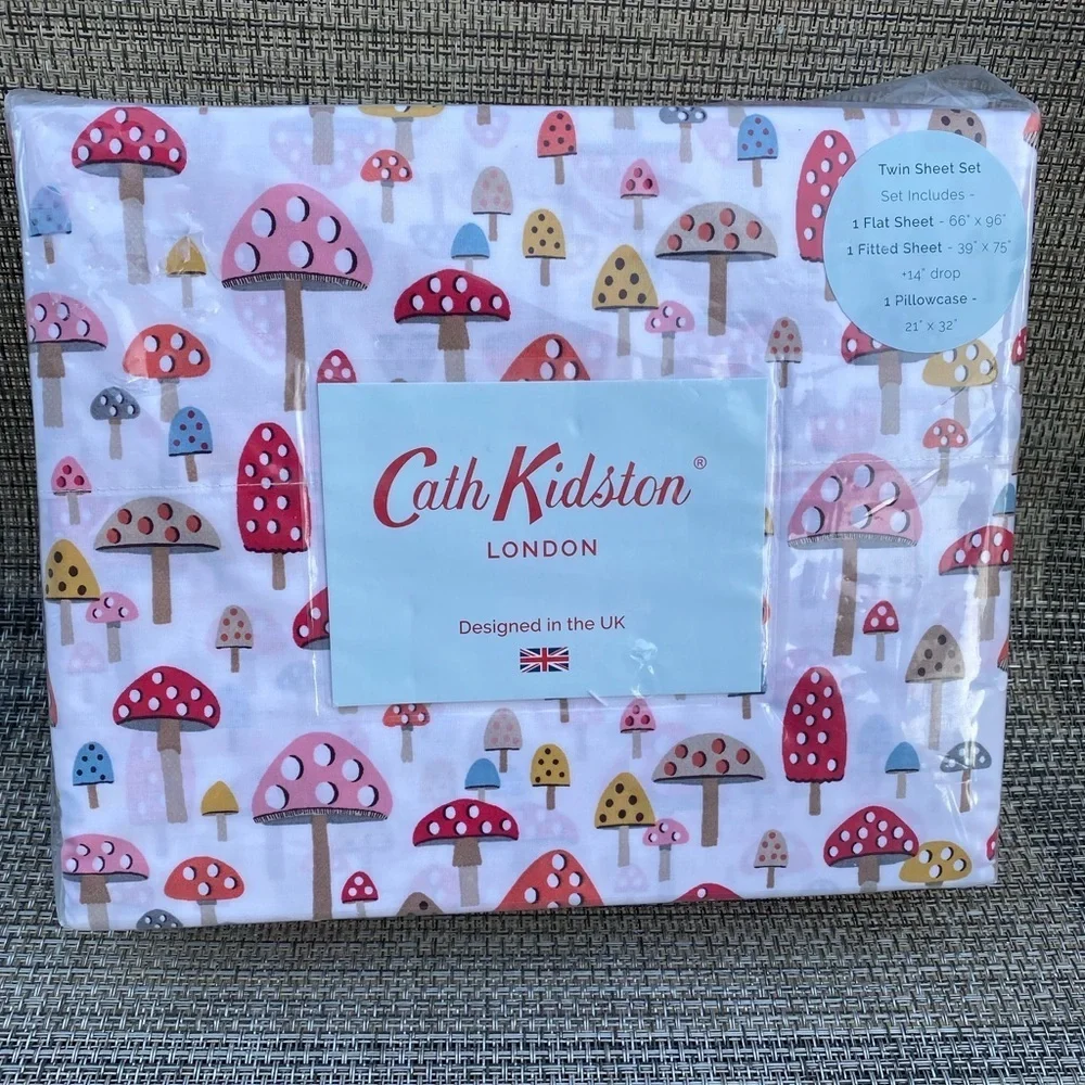 Cath Kidston London Mini Mushrooms Russet Cotton Percale TWIN XL Sheet Set 3pc